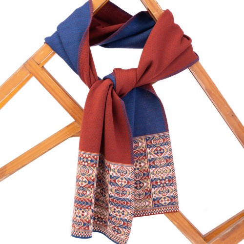 Reversible Fair Isle Scarf with Blue and Rust Polka Dot Centre