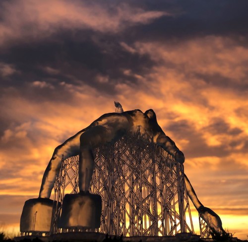Sculptural piece photographed at sunset