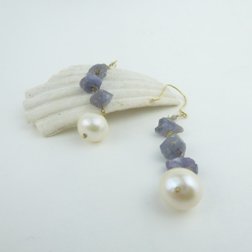 Rough Tanzanite, Diamond and Cultured Pearl Earrings