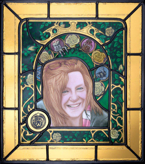 Alison Memorial Panel - Painted, etched stained glass, 23ct gold gilded border