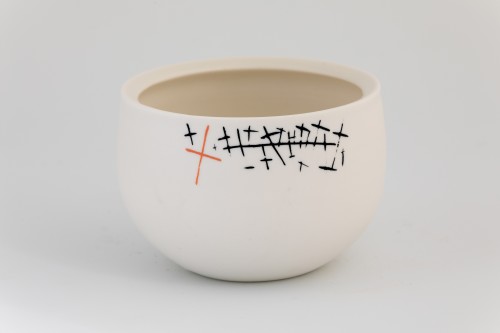 Cross - wheel-thrown porcelain bowl with abstract imagery