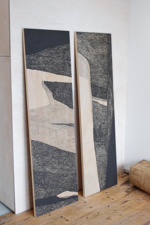‘Moment of Reflection I and II’, Water Soluble Wax Crayon on Raw Plywood Panel  (each 182.5 x 55.2cm)