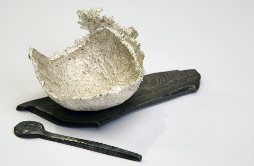 wee silver bowl, sand cast. Silver and Damascus steel