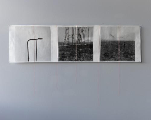 Triptych printed on rice paper. Sewn together with red thread.