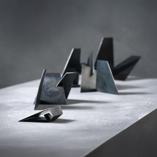 Oil quenched steel brooch sculpture and sterling silver fold silver ring with patina 
