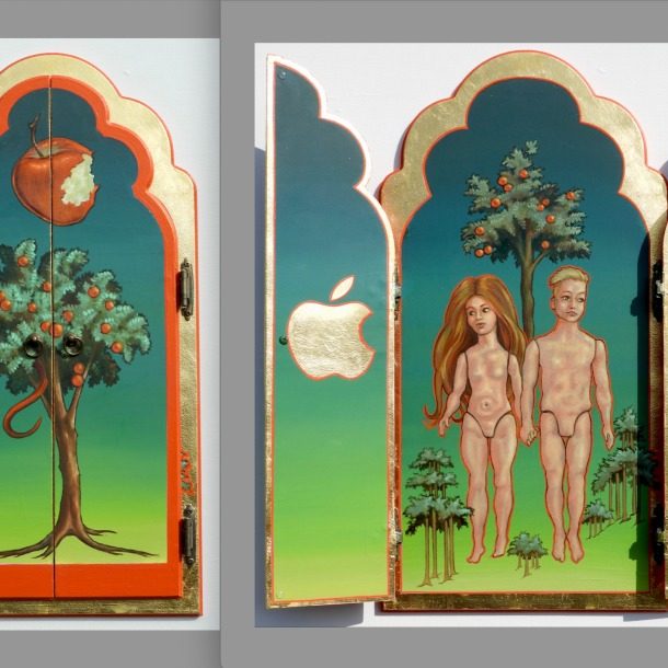 Laurence O'toole The Apple And The Snake Oil &23kt Gold Leaf On Wood 65cm X 32cm. 2025