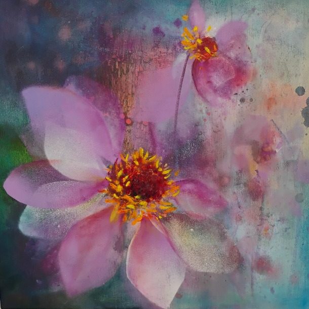 1. Nicola Coutts Dahlia Pink Flame Oil And Mixed Media On Gesso Panel 40x40cm
