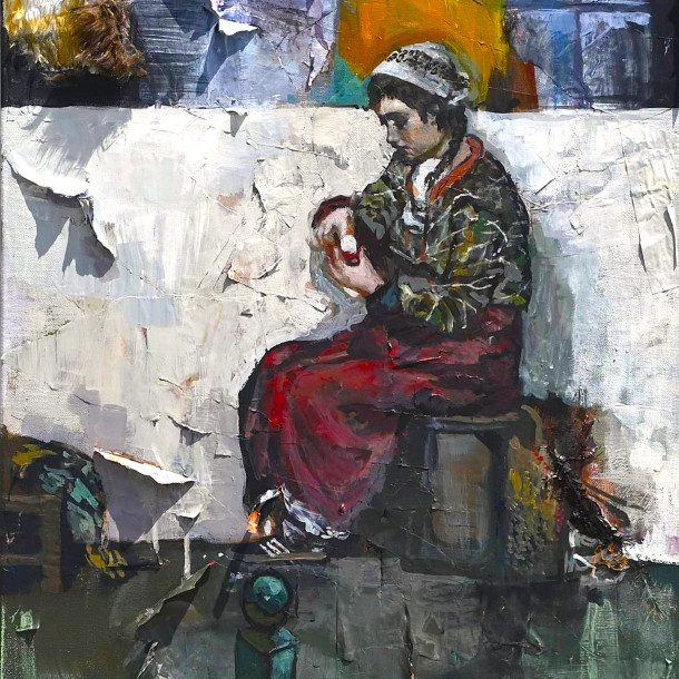 Packaged Tradition Mixed Media Painting, Collage And Décollage On Canvas, 70 X 50cm 2025 Markella Lousidi